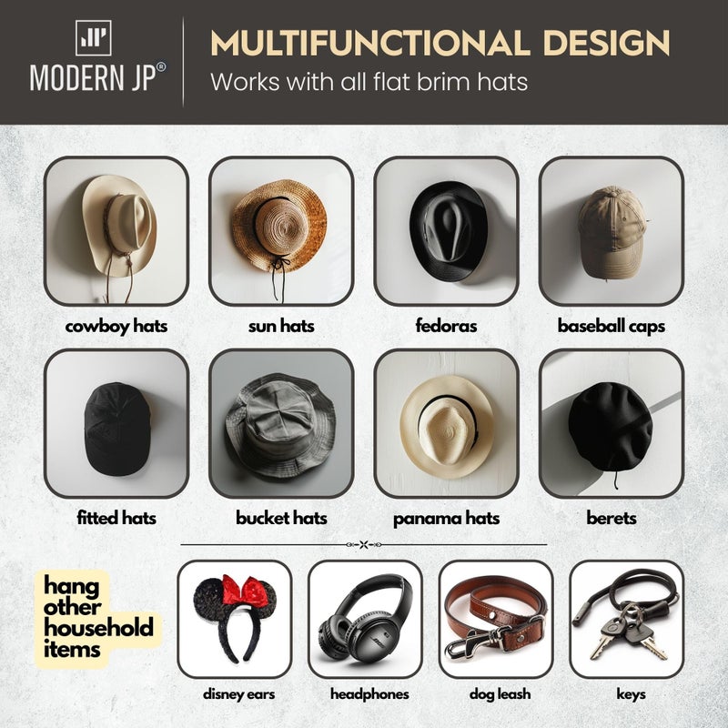 Modern JP Adhesive Hat Hooks for Wall (6-Pack) - Cowboy Hat Rack, Wide Brim Hat Organizer, Strong Hold Hat Hangers for Wall - Clear - Image 4